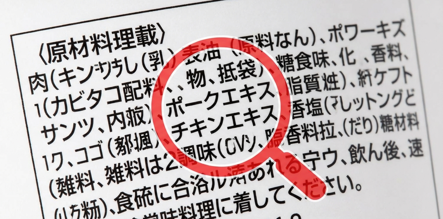 カップラーメンの原材料表示にポークエキスパウダーと記載されている例