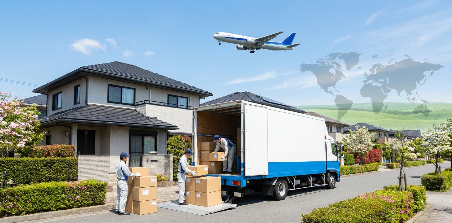 海外引越しのトラックと飛行機で海外赴任のイメージ