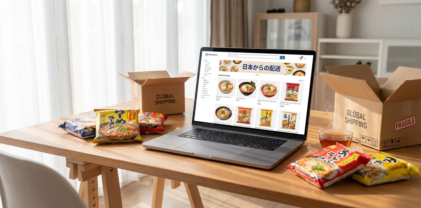 Laptop showing online shopping for Japanese instant ramen with delivery box