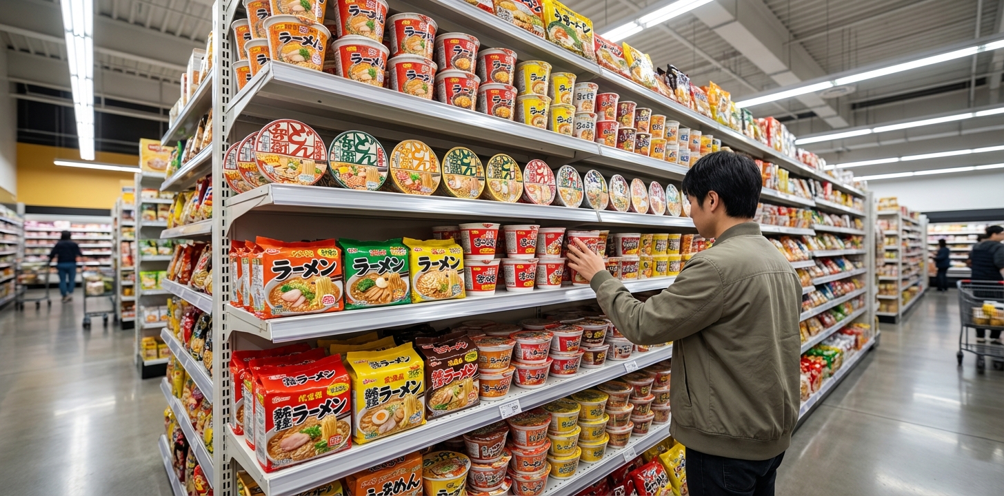 Asian grocery store shelf stocked with Japanese instant ramen