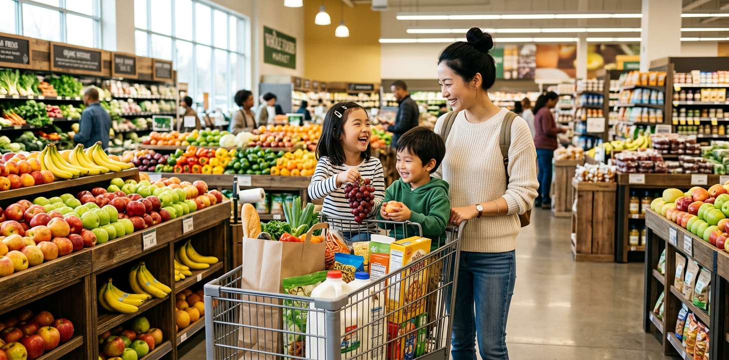 アメリカのスーパーで買い物する駐在員家族