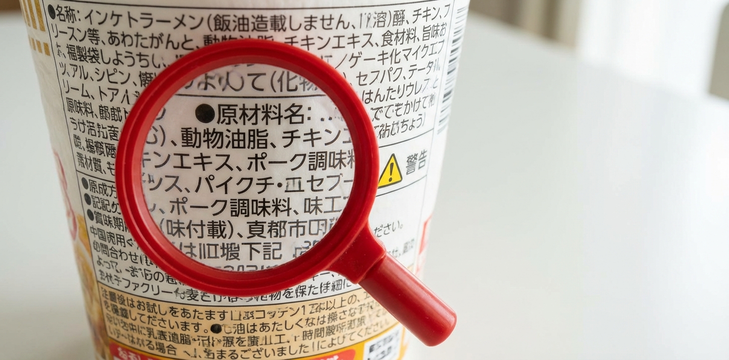 カップ麺の原材料ラベルで動物性成分をチェックするイメージ