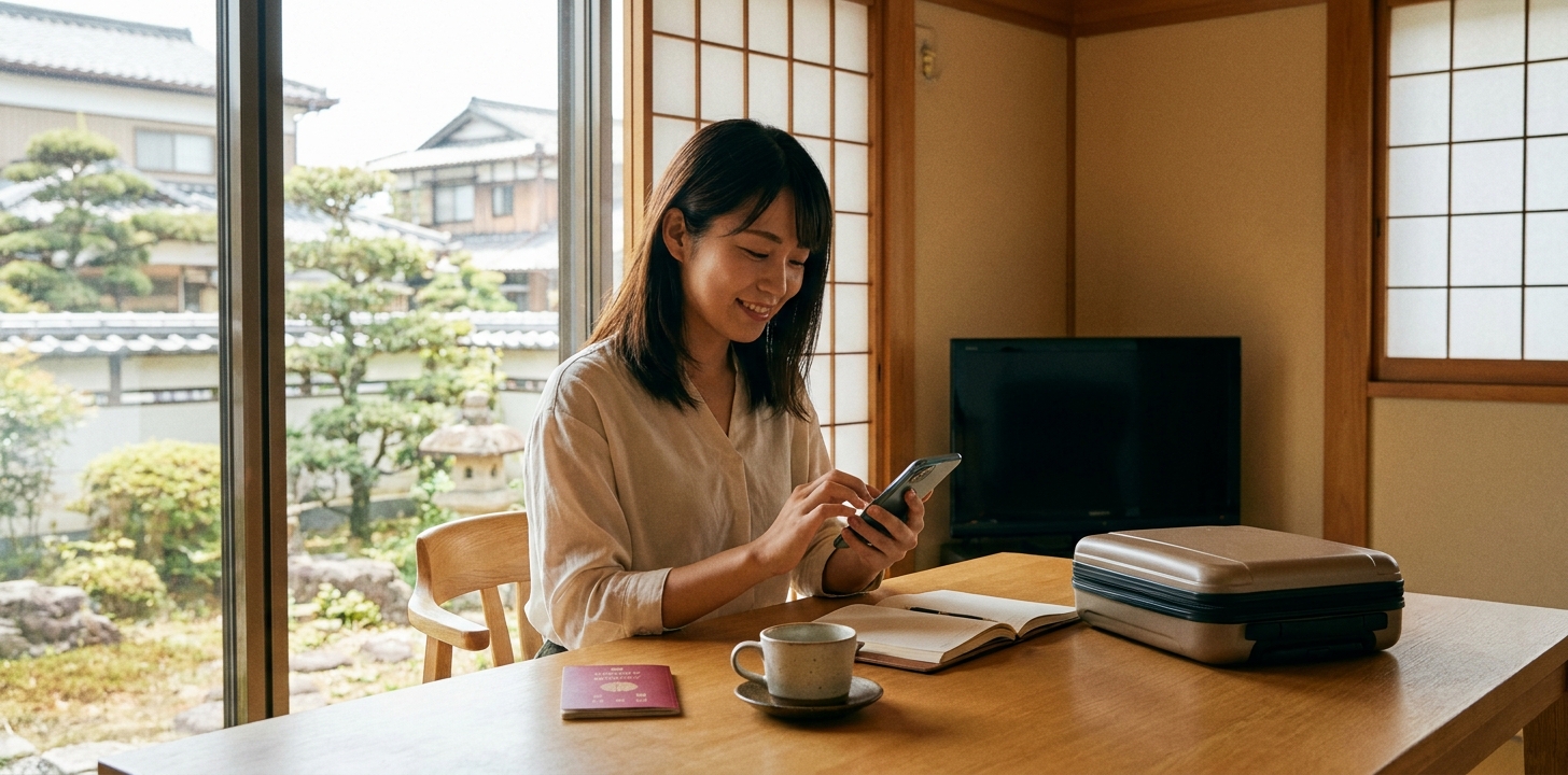 日本出発前にVPNをスマホに設定する人のイメージ