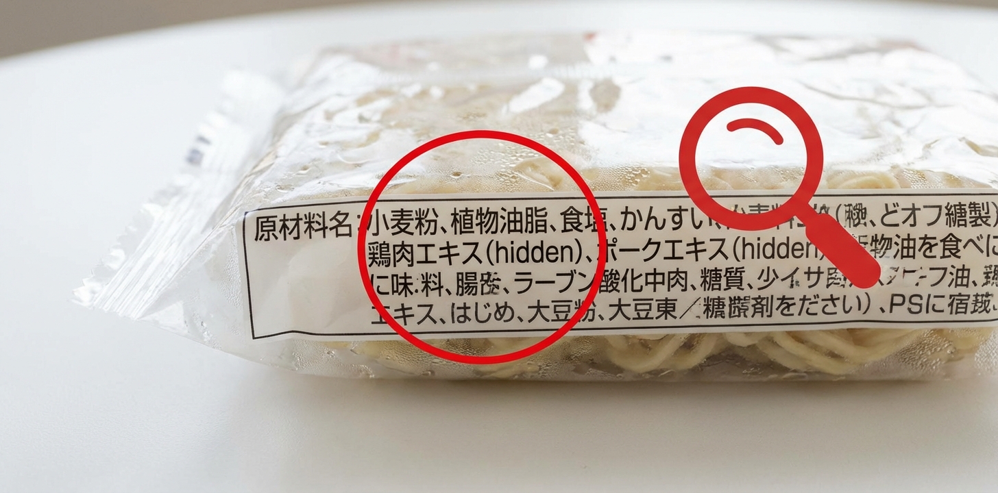 カップ麺の原材料ラベル 肉エキスチェックのイメージ