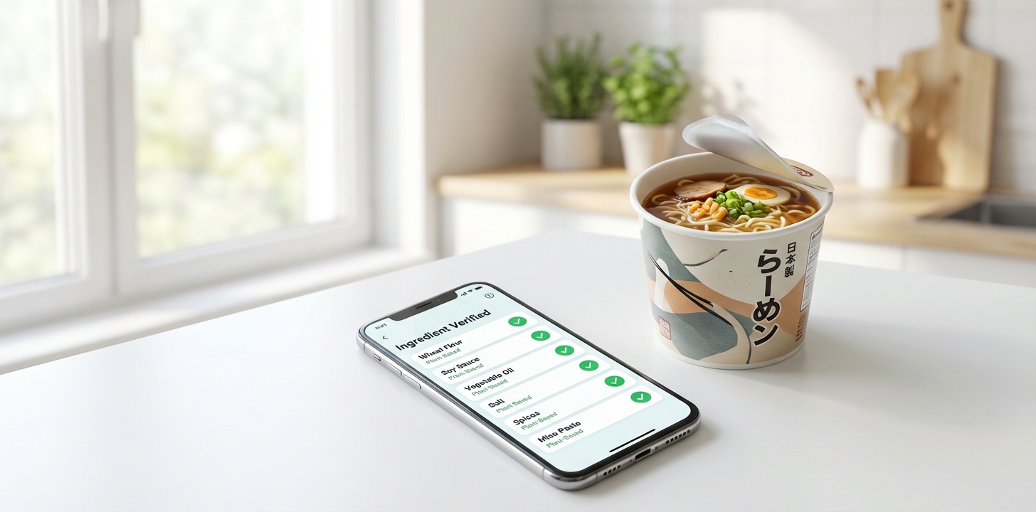 AIツールで肉エキスなし カップ麺の持ち込み可否を確認するイメージ