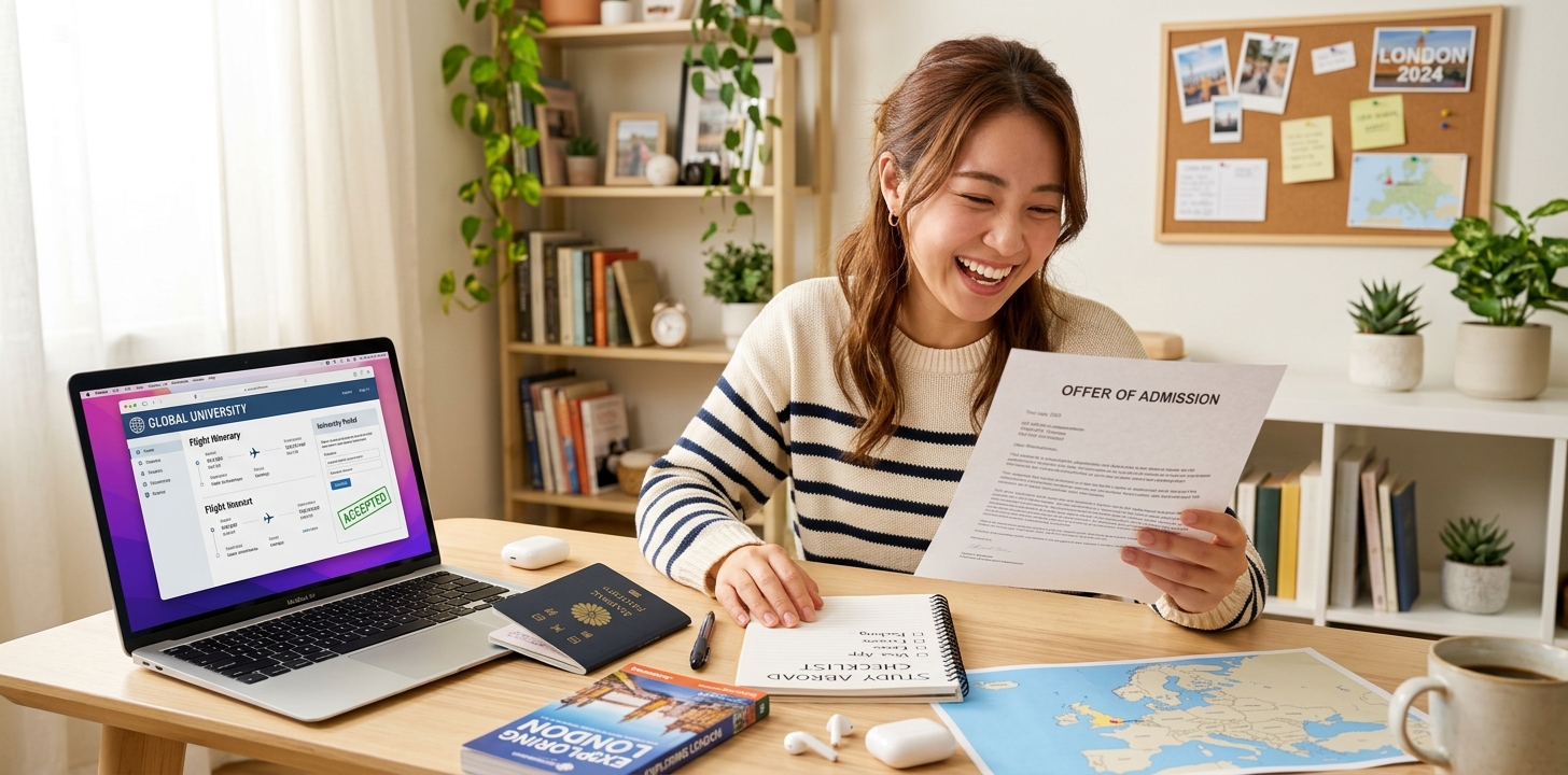 留学前にやることリストを確認して準備する様子