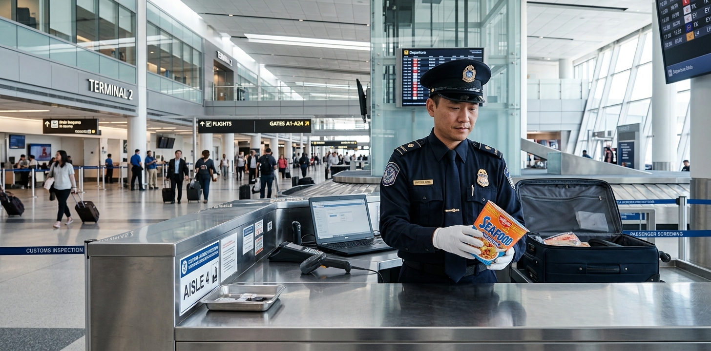 シンガポール税関でカップ麺を検査するイメージ