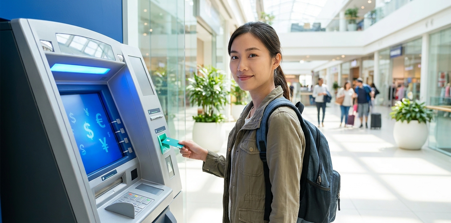 海外ATMでWiseカードを使う手順のイメージ