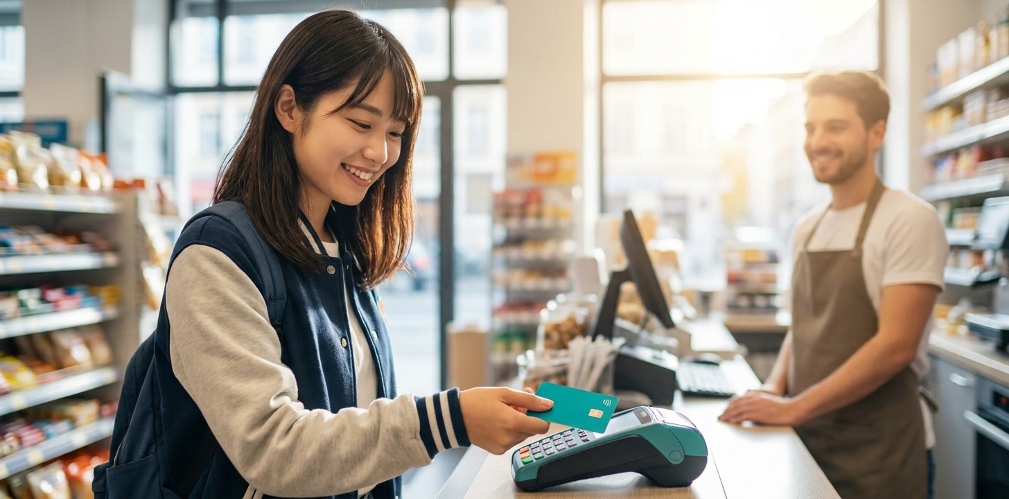 現地ショップでWiseカードを使う留学生のイメージ