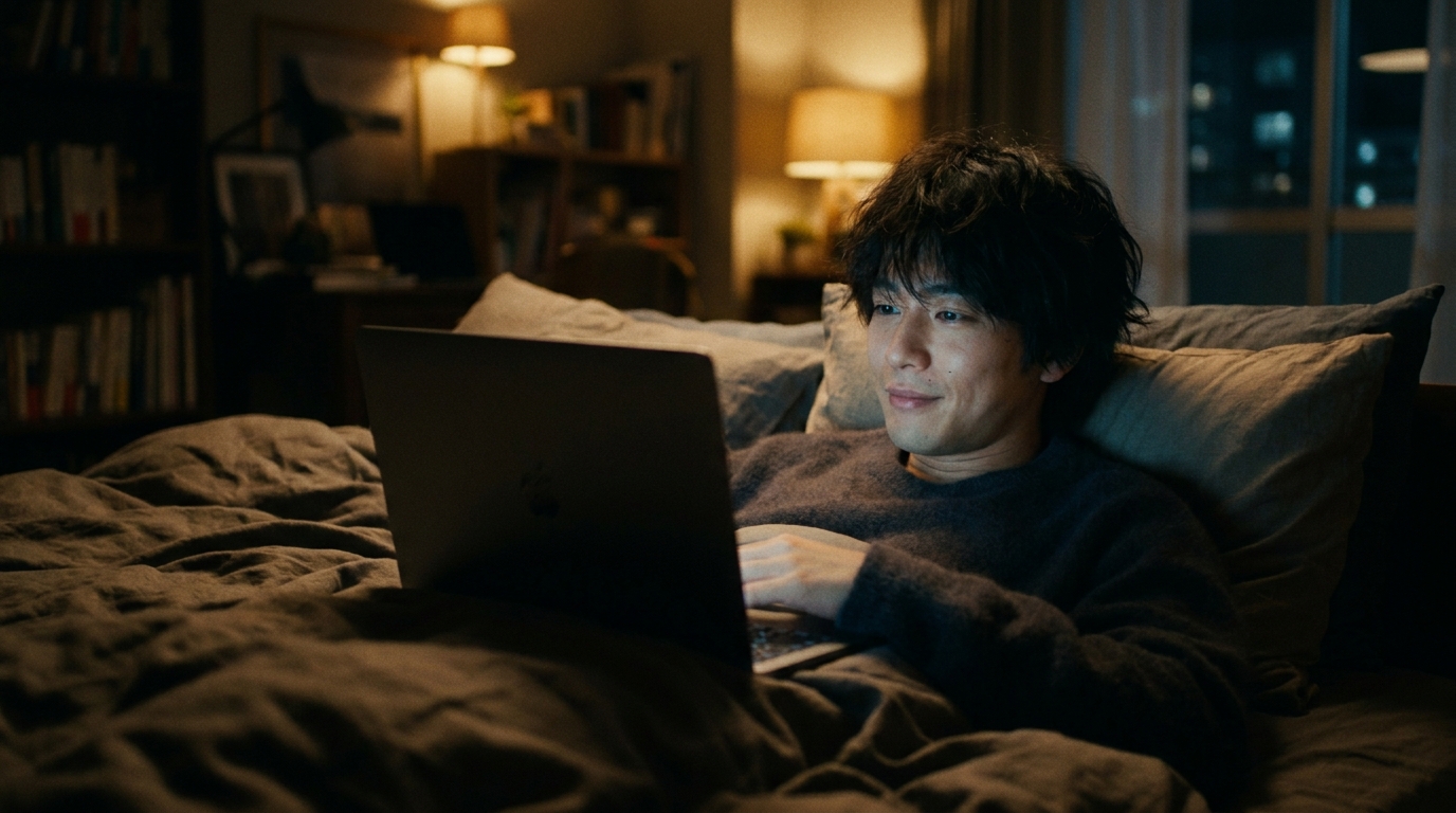 夜にひとりでFANZAを楽しむ男性