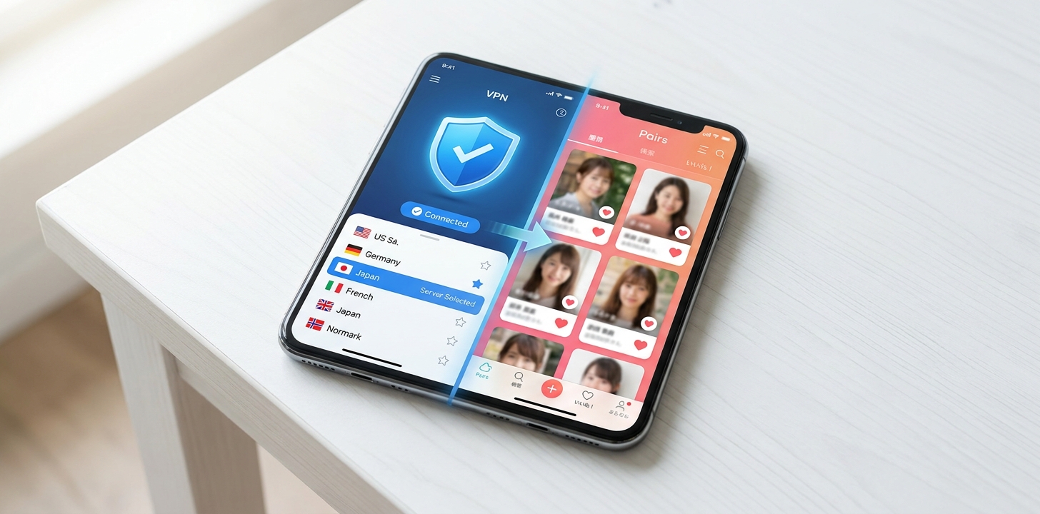 VPNで日本サーバーに接続してPairsを使うイメージ