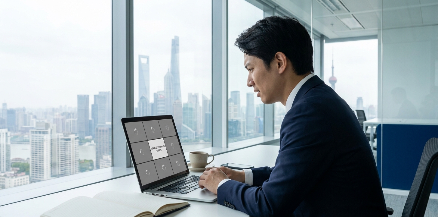 中国でMicrosoft Teamsが繋がらず困る人のイメージ