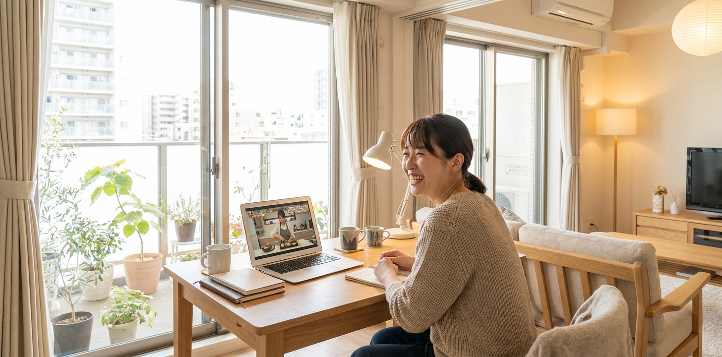 海外の自宅でノートパソコンを使いABEMAの番組を楽しむ人
