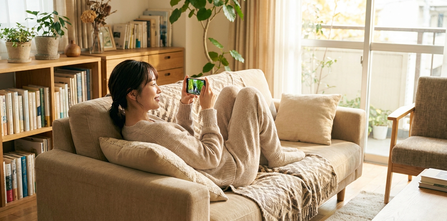 海外のリビングでくつろぎながらABEMAの番組を楽しむ人