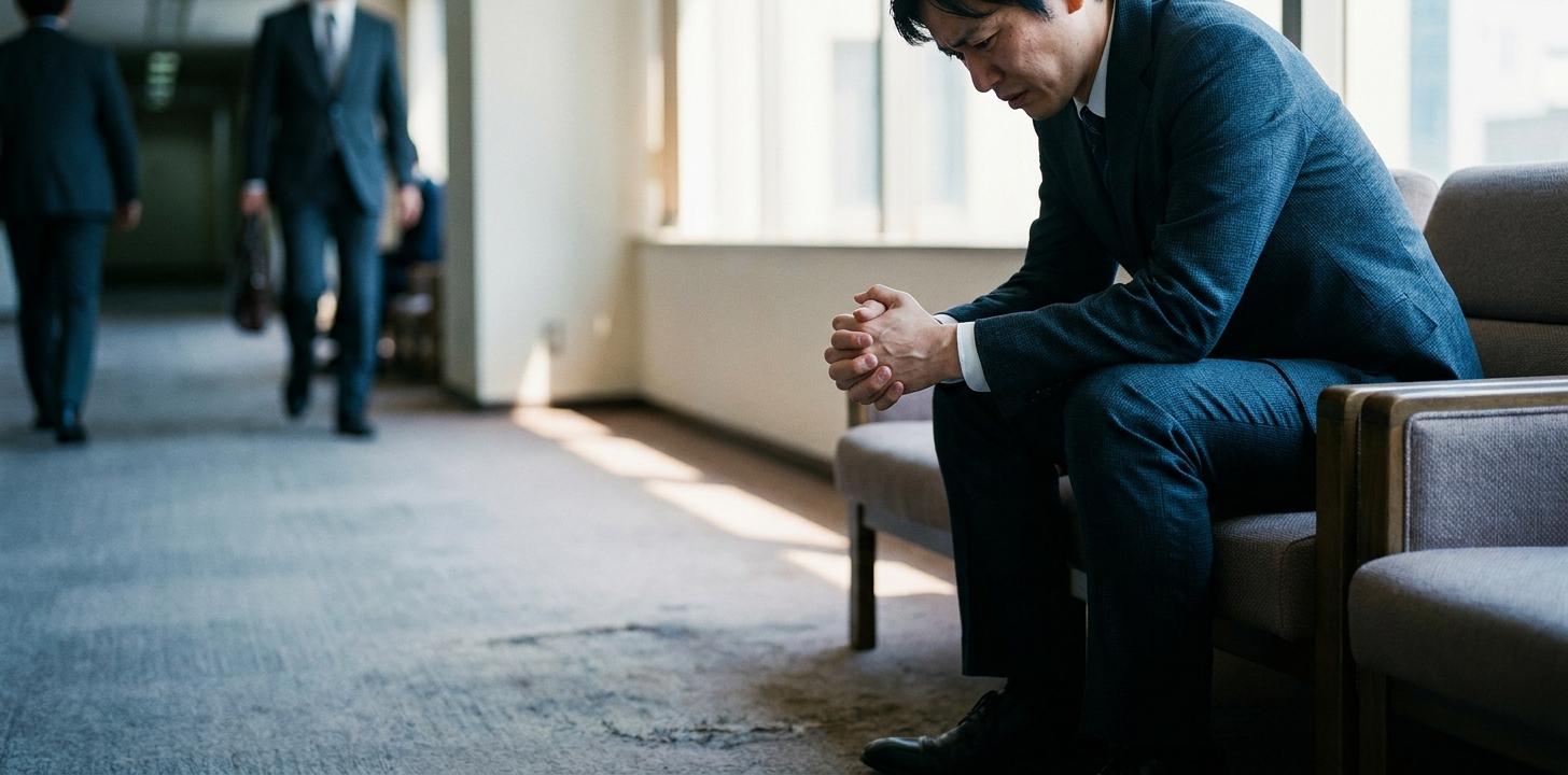 人前に出る前に緊張でうつむくあがり症の会社員