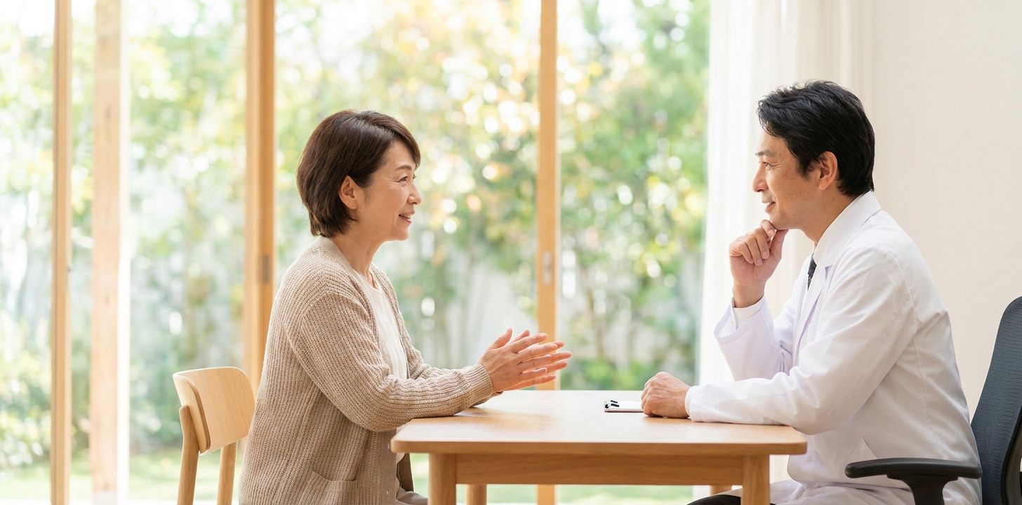 心療内科で医師にあがり症の悩みを相談する様子