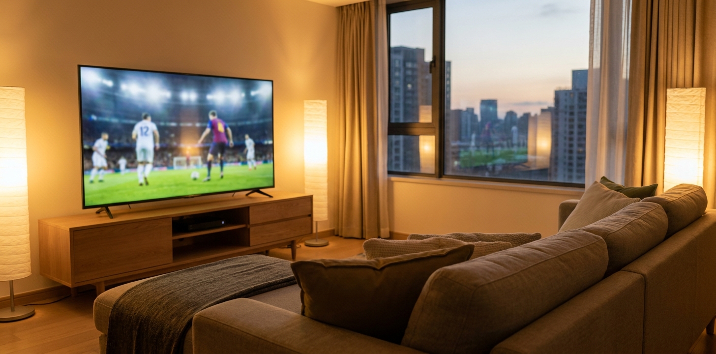 中国のリビングのテレビでサッカー中継を見るイメージ
