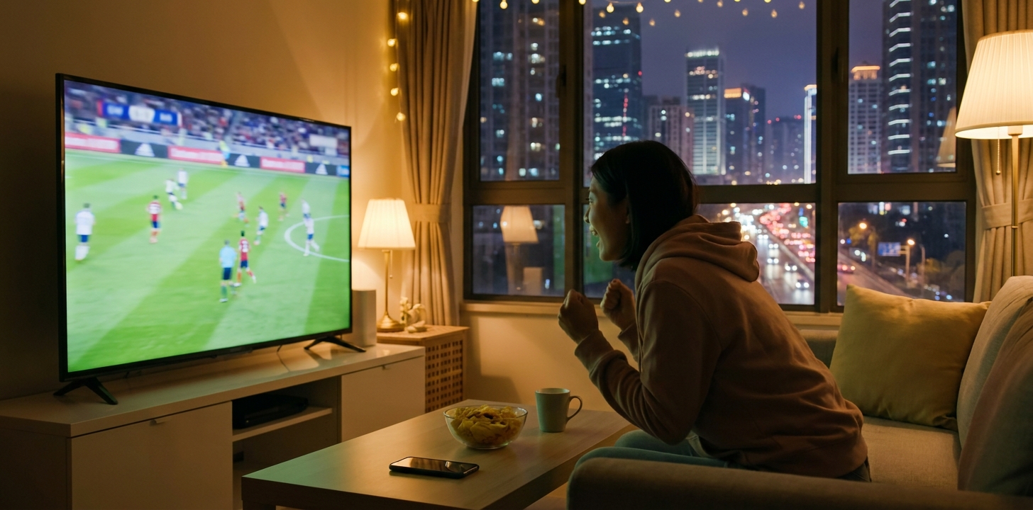 中国のアパートで夜にワールドカップ決勝をテレビで観戦するイメージ