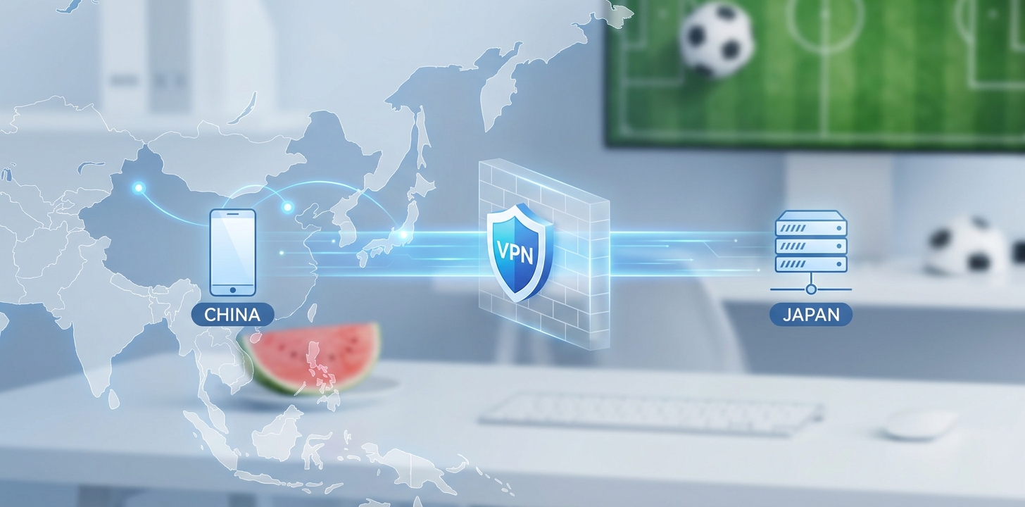 中国から日本のサーバーへVPNで接続してワールドカップ決勝を見るイメージ