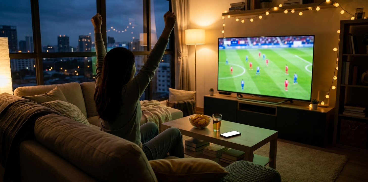 中国で日本語のワールドカップ決勝中継を楽しんで喜ぶ人のイメージ