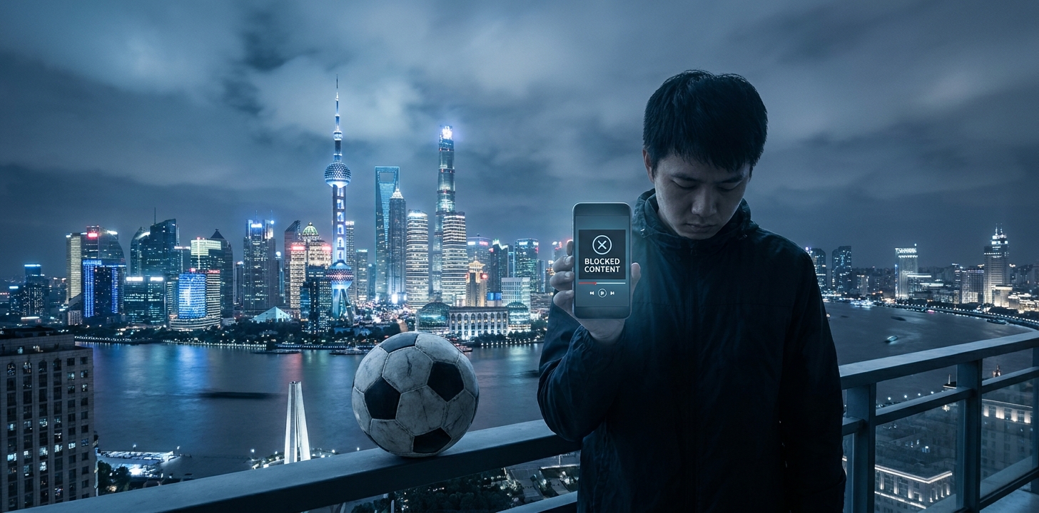 中国でワールドカップ中継が見れずスマホを見て困る人のイメージ