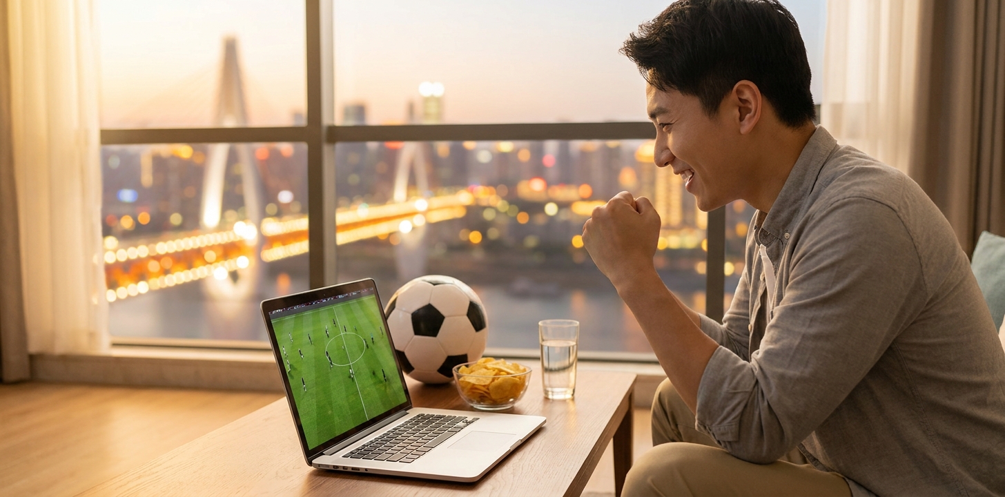 中国で日本のワールドカップ中継を楽しめて喜ぶ人のイメージ