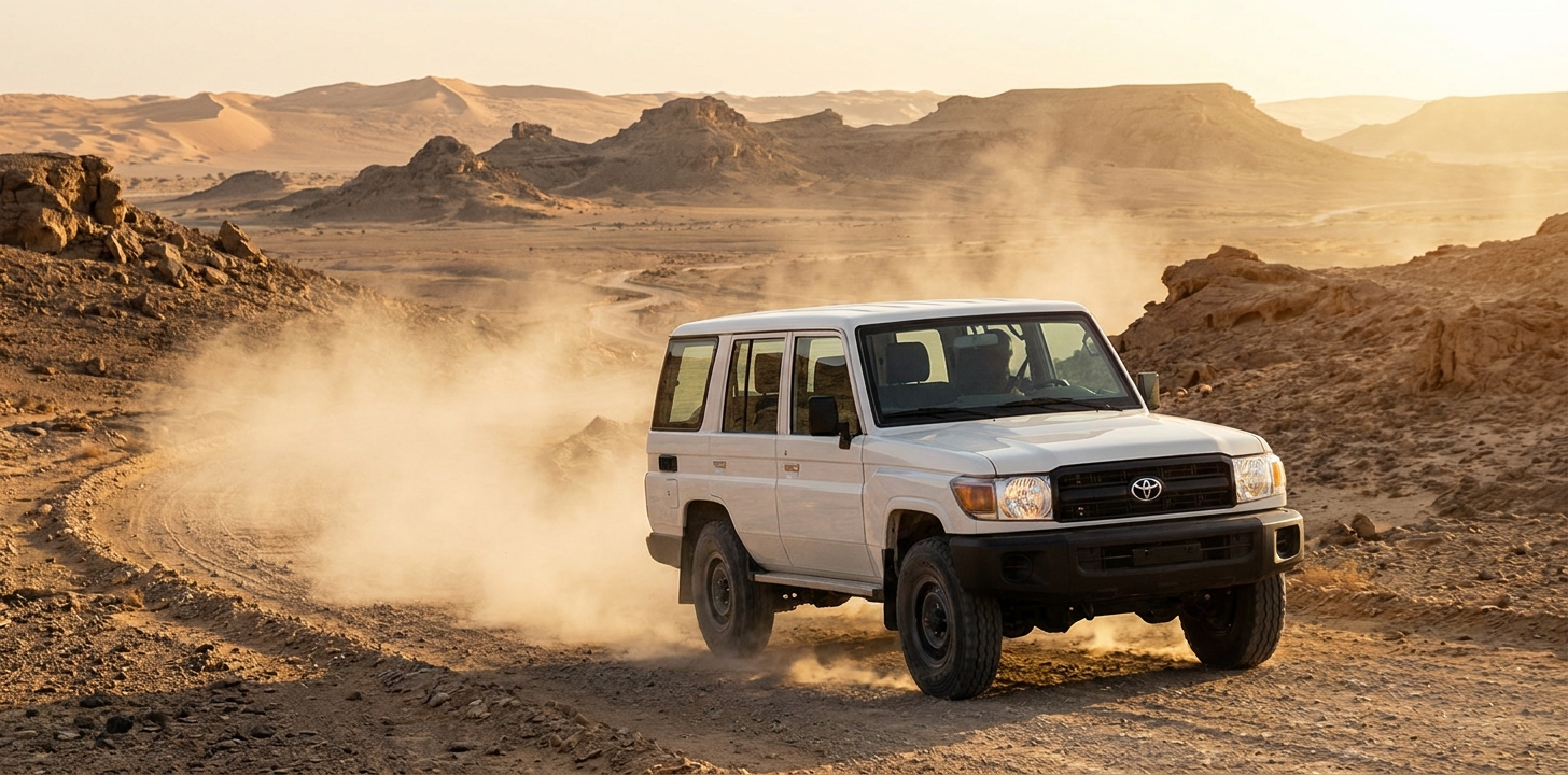 砂漠の悪路を走るランドクルーザー70(海外で人気の頑丈な4WD)
