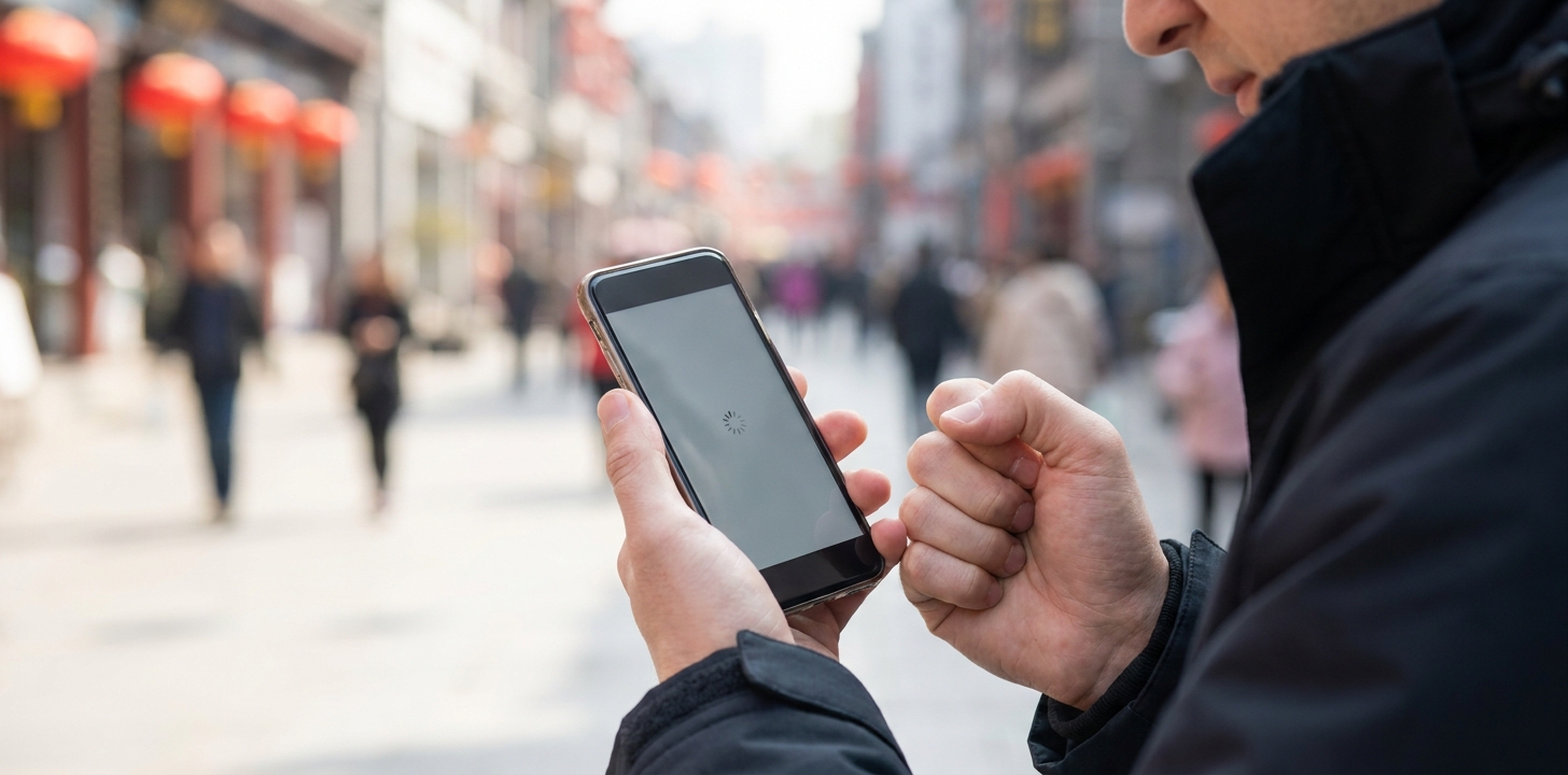 中国でスマホがネットに繋がらず困っている様子のイメージ写真