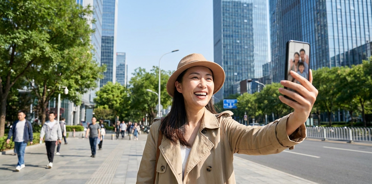 中国で安心してスマホを使う旅行者のイメージ