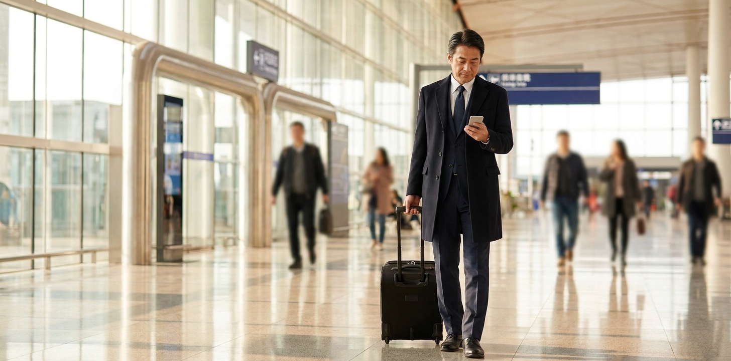 中国出張で空港に到着しスマホを確認するビジネスパーソン