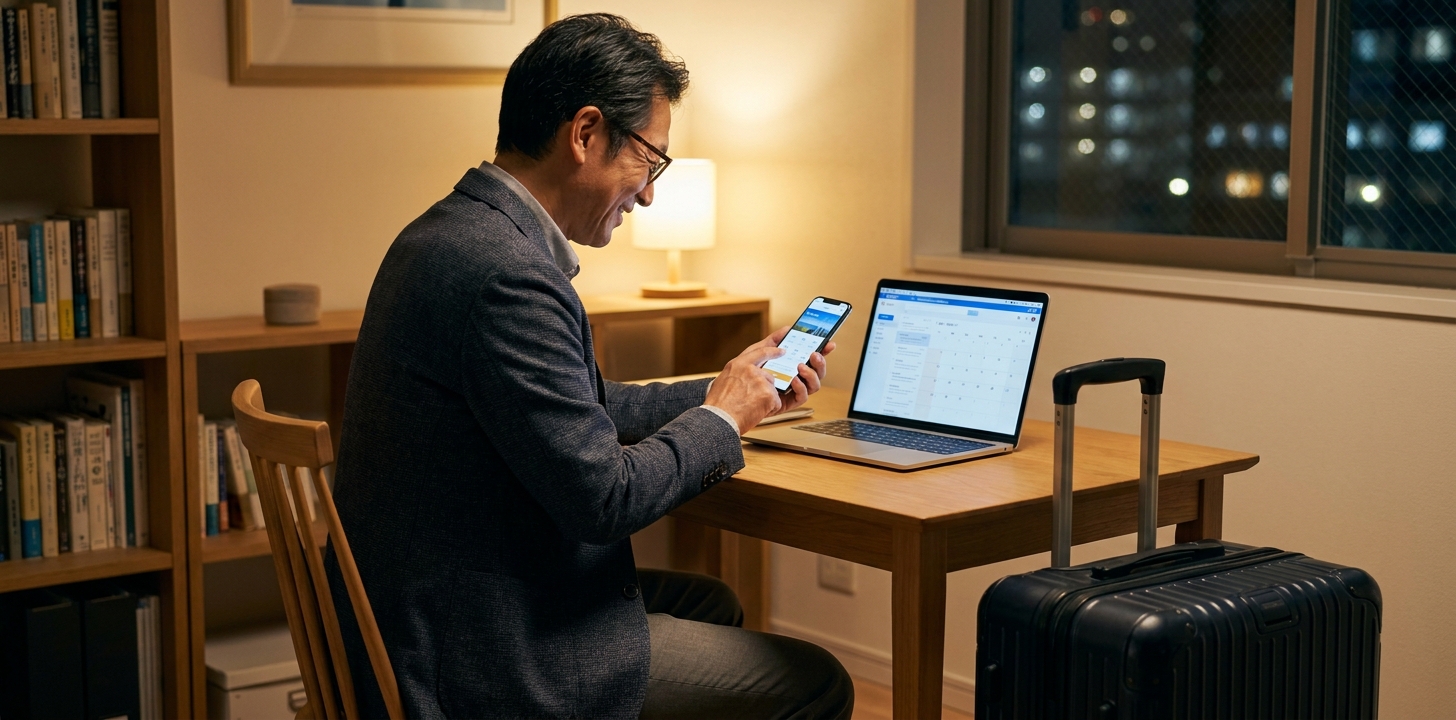 出張前にスマホとパソコンでVPNを設定するビジネスパーソン