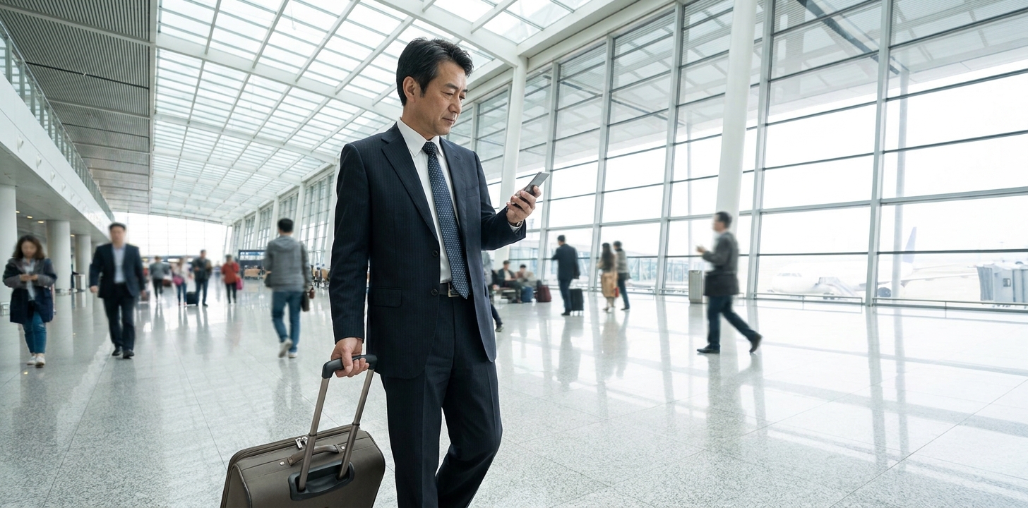 中国の空港に到着しスマホを確認する日本人ビジネス旅行者