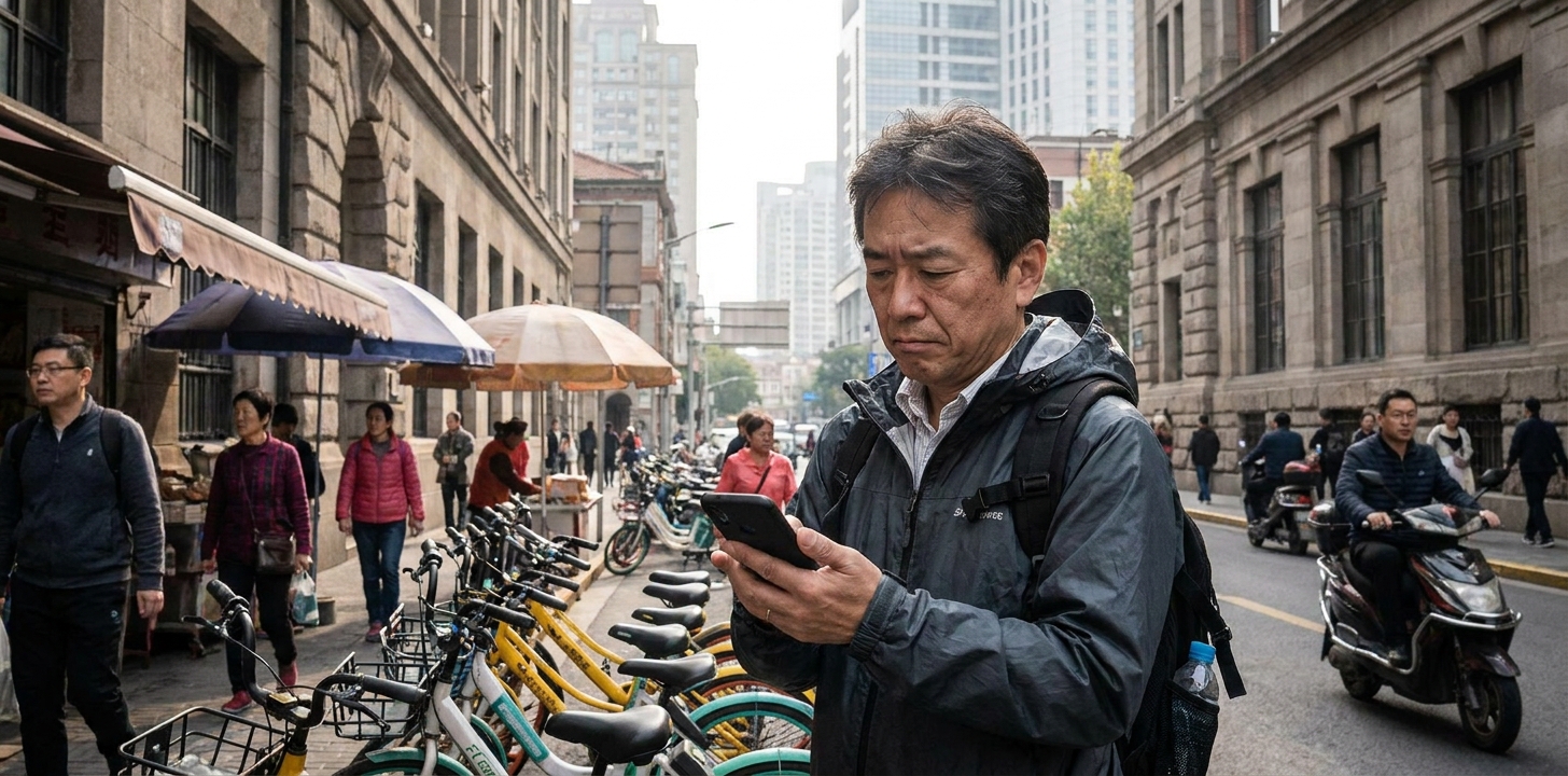 スマホを見ながらリスクについて考える旅行者のイメージ