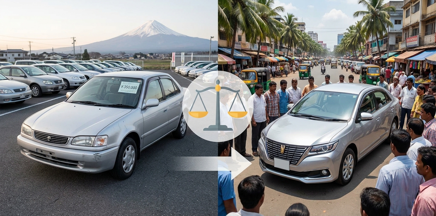 国内では安い車が海外では高く評価される価格ギャップのイメージ