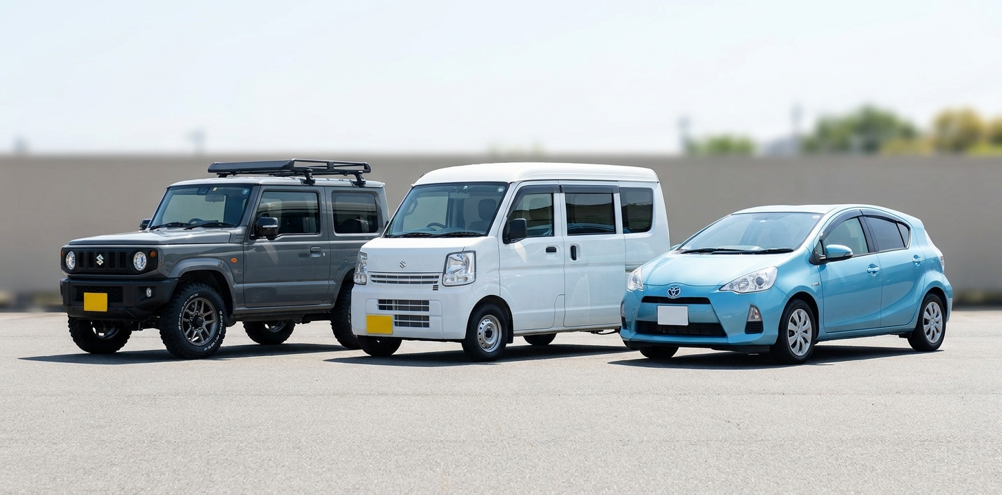 海外で人気の日本車の代表モデル(SUV・商用車・コンパクト)が並ぶイメージ