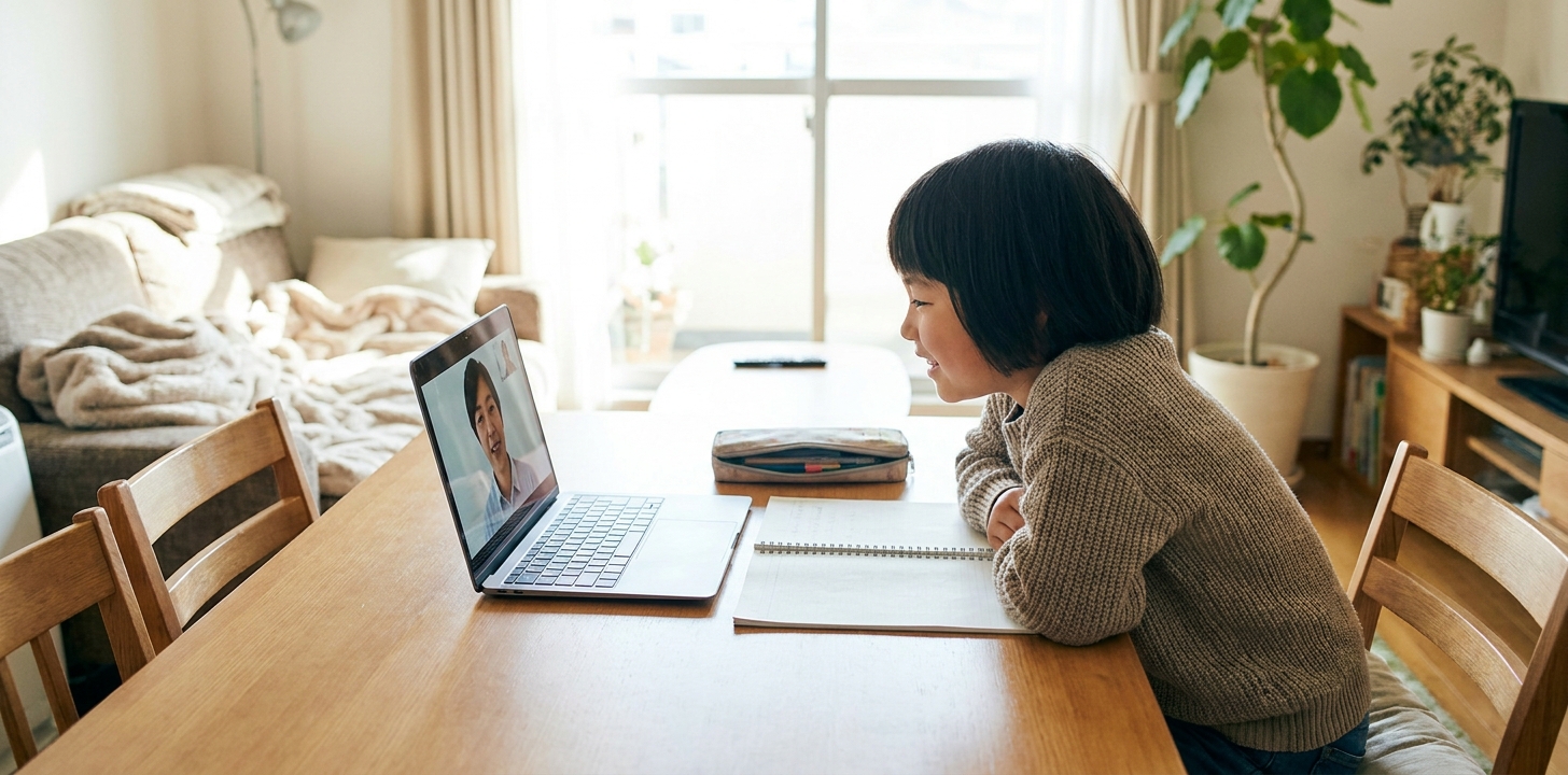 オンライン家庭教師と一緒に受験対策をする帰国子女の子供