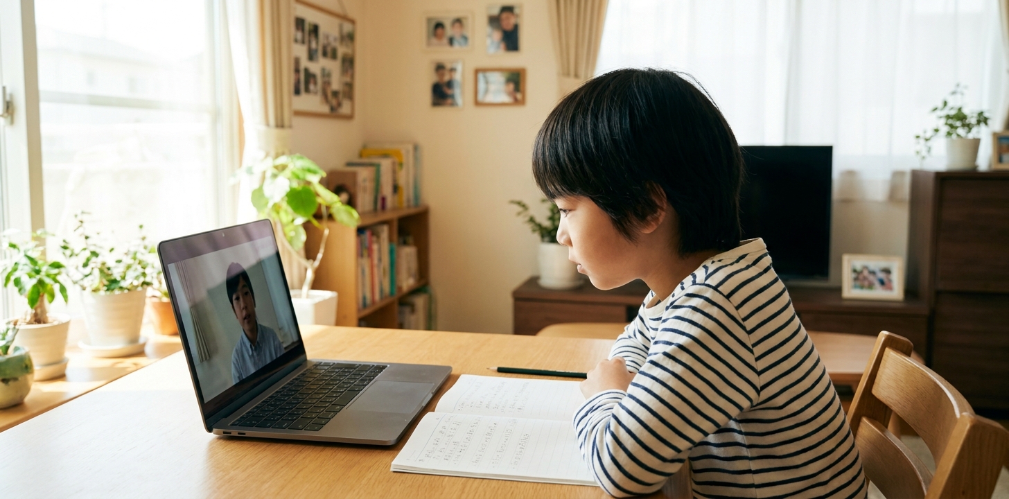 海外の自宅でオンライン家庭教師の授業を受ける子供