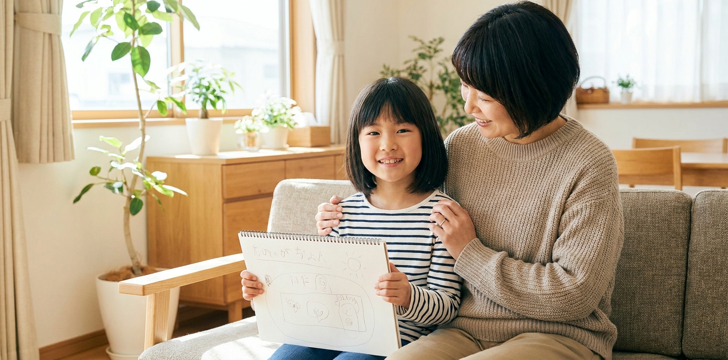 海外でも学習を続けて笑顔の子供と安心した家族