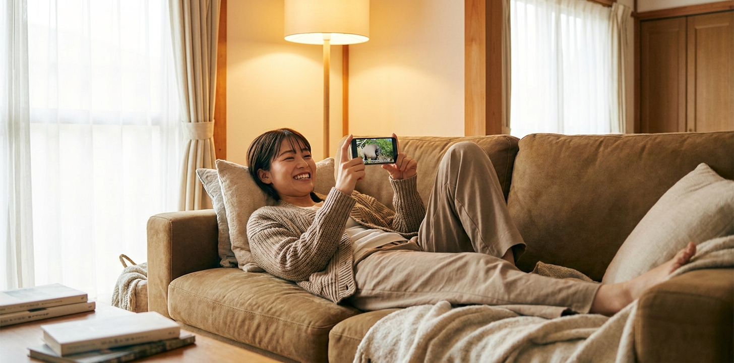 海外でソファに座りスマホで日本の番組を楽しむ人