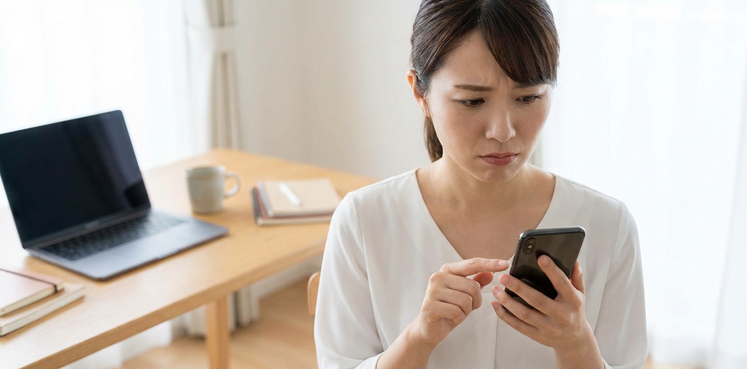 無料VPNのリスクに不安を感じてスマホを見る人のイメージ