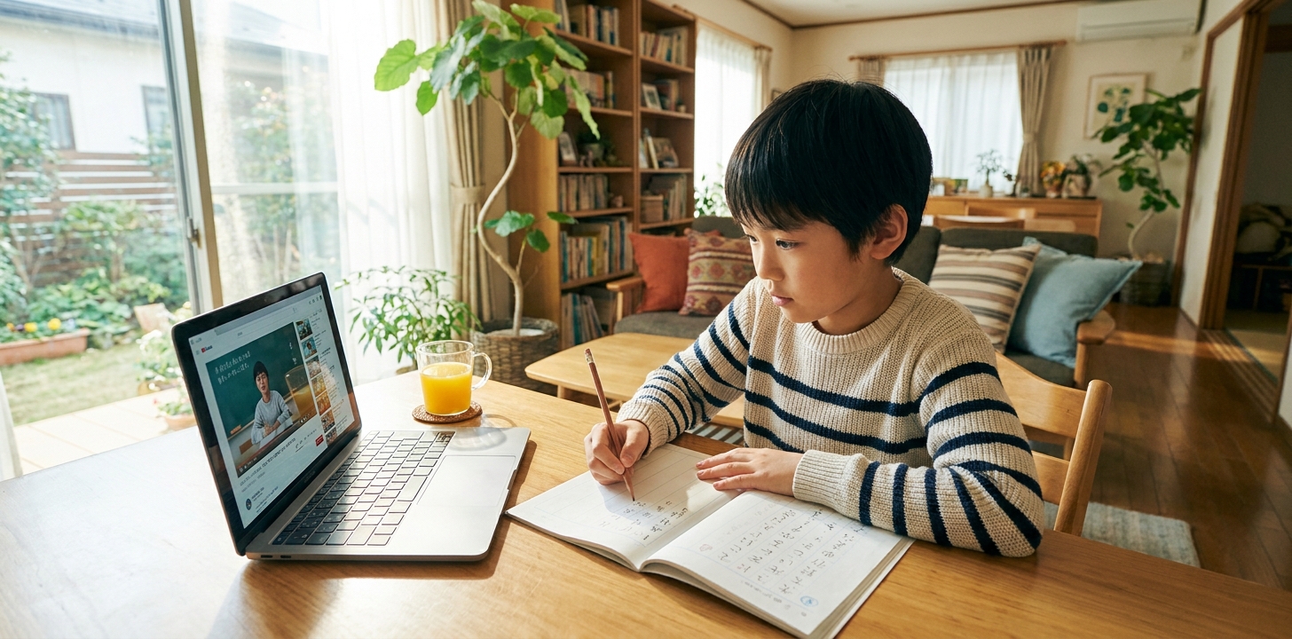海外の自宅でノートパソコンを使いオンラインで勉強する子供