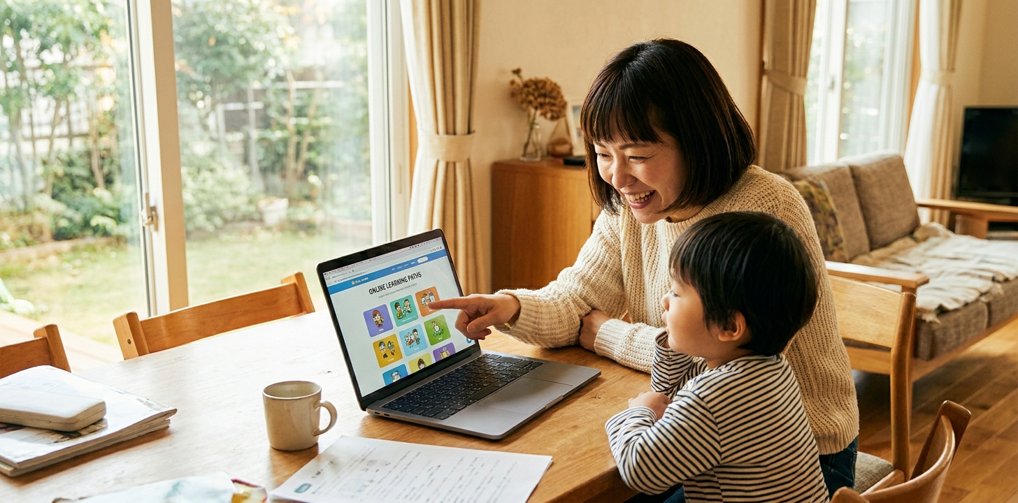 親子で一緒にノートパソコンを見てオンライン学習を選ぶ様子