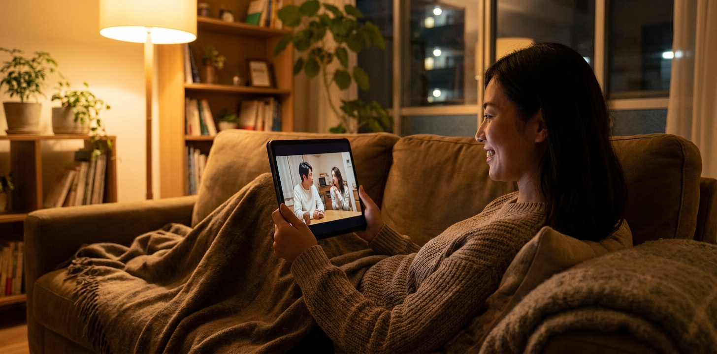 海外でソファに座り日本の映画やドラマを楽しむ人