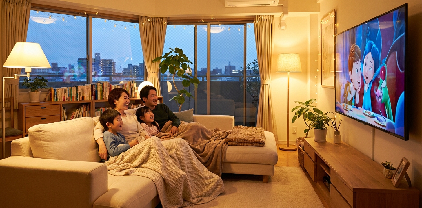 海外のリビングで家族そろって日本の映画やドラマを楽しむ様子