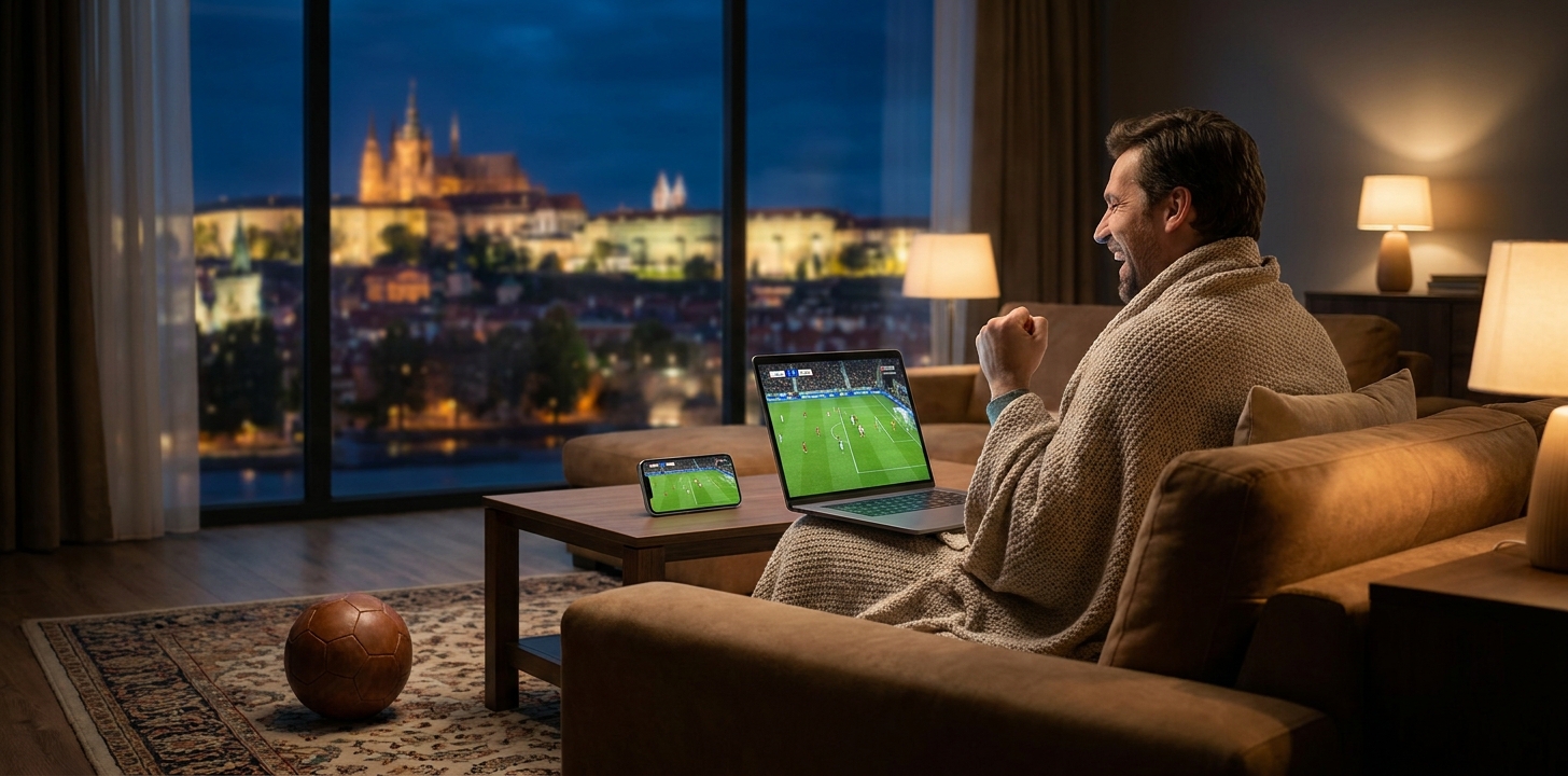 海外でスマホやノートPCでワールドカップのサッカー中継を見る人のイメージ