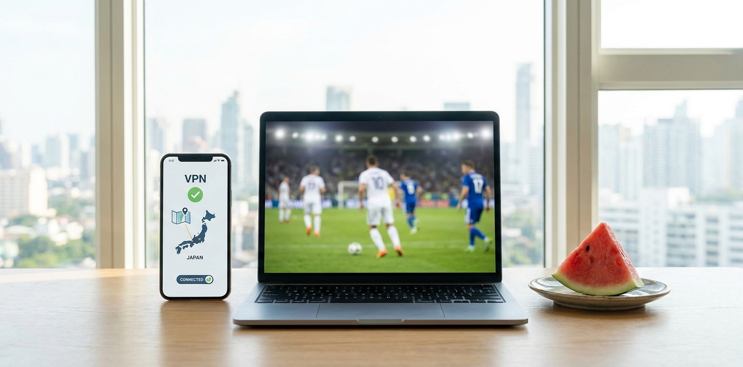 スイカVPNで海外から日本の配信に接続してサッカーを見るイメージ
