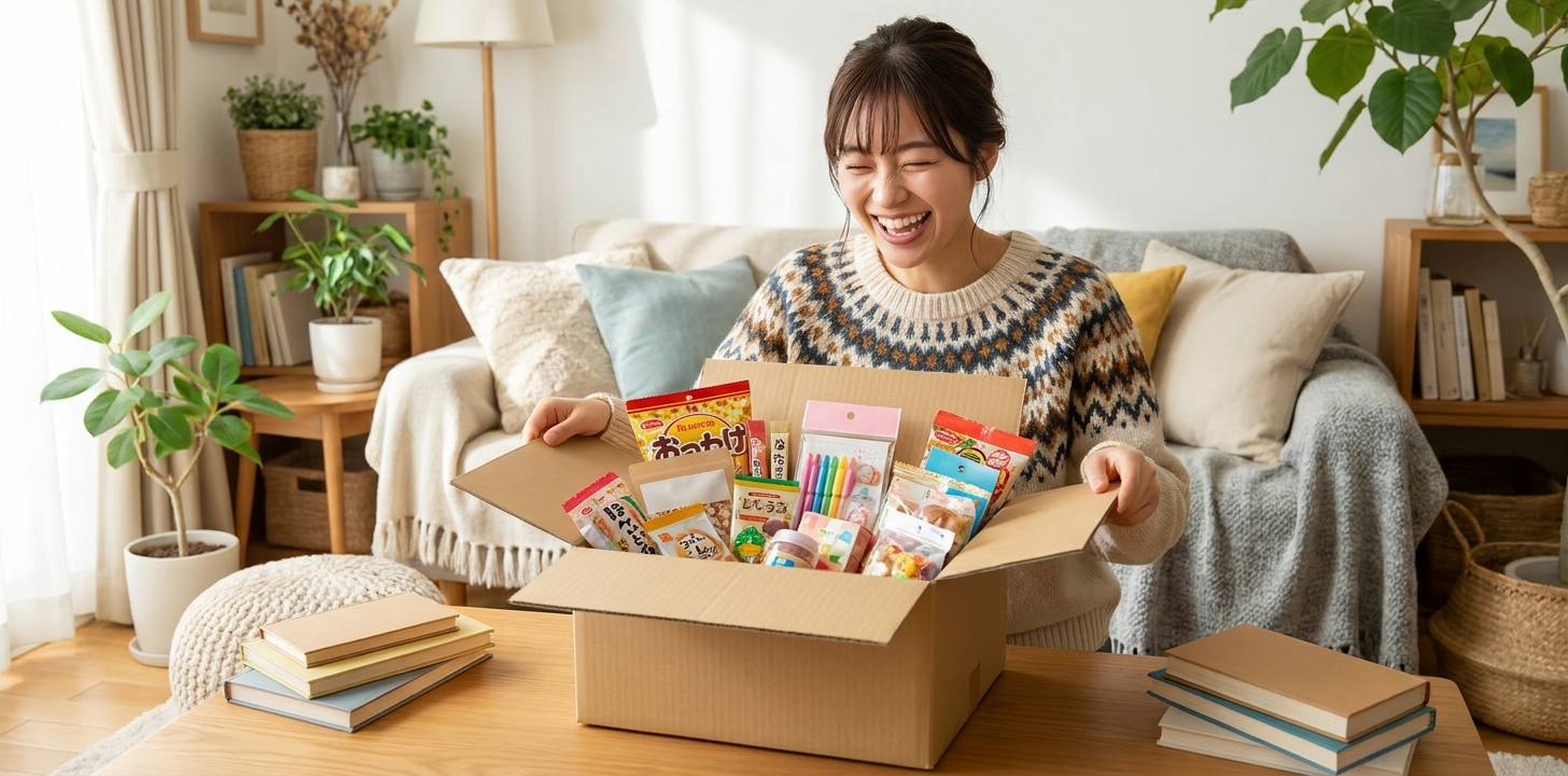 A person overseas happily opening a package of items bought from Japan