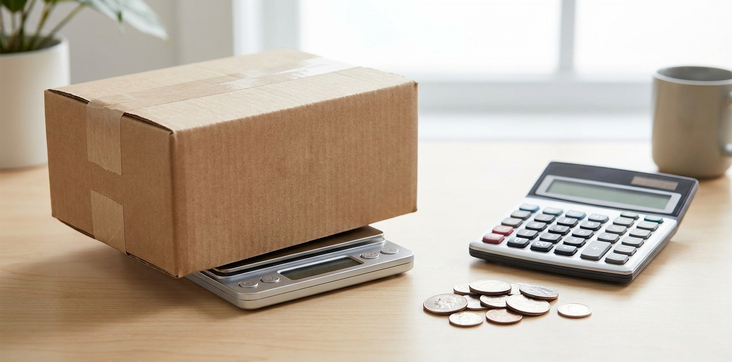A parcel on a shipping scale with a calculator, representing fees and shipping cost