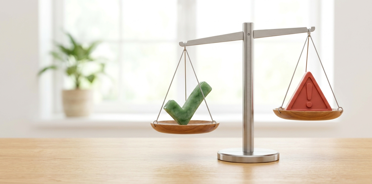 A balance scale weighing pros against cons