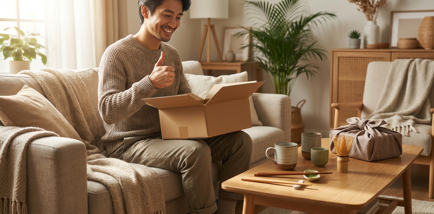 A satisfied person giving a thumbs up next to items bought from Japan